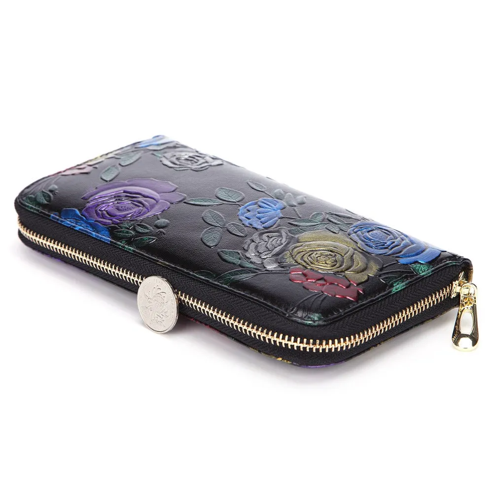 BAOERSEN  Retro Women's Genuine Leather Rose Pattern Clutch Wallet