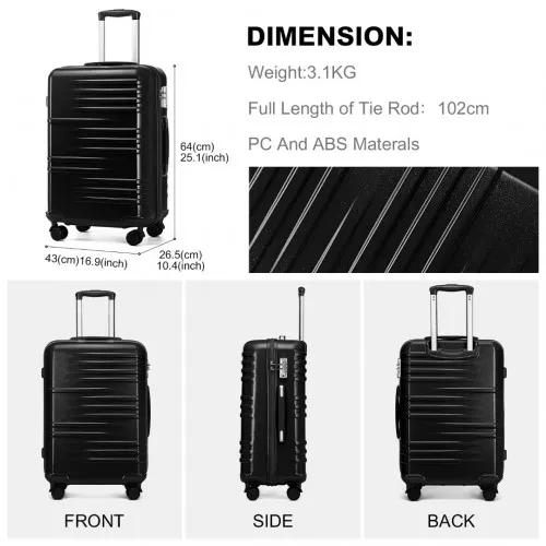 British Traveller 24-Inch Black Suitcase - Durable, Lightweight, TSA Lock, Scratch-Resistant