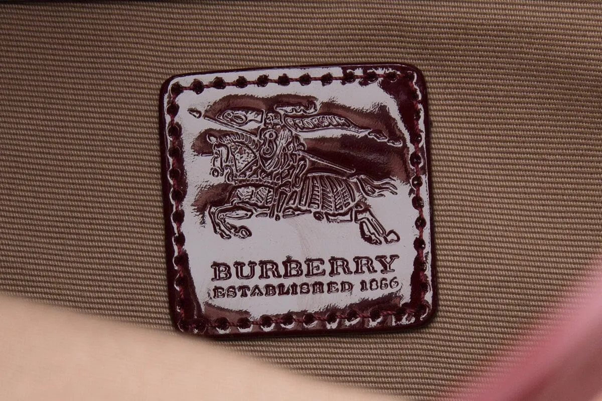 Burberry Burgundy Patent Leather Trim Plaid Handbag
