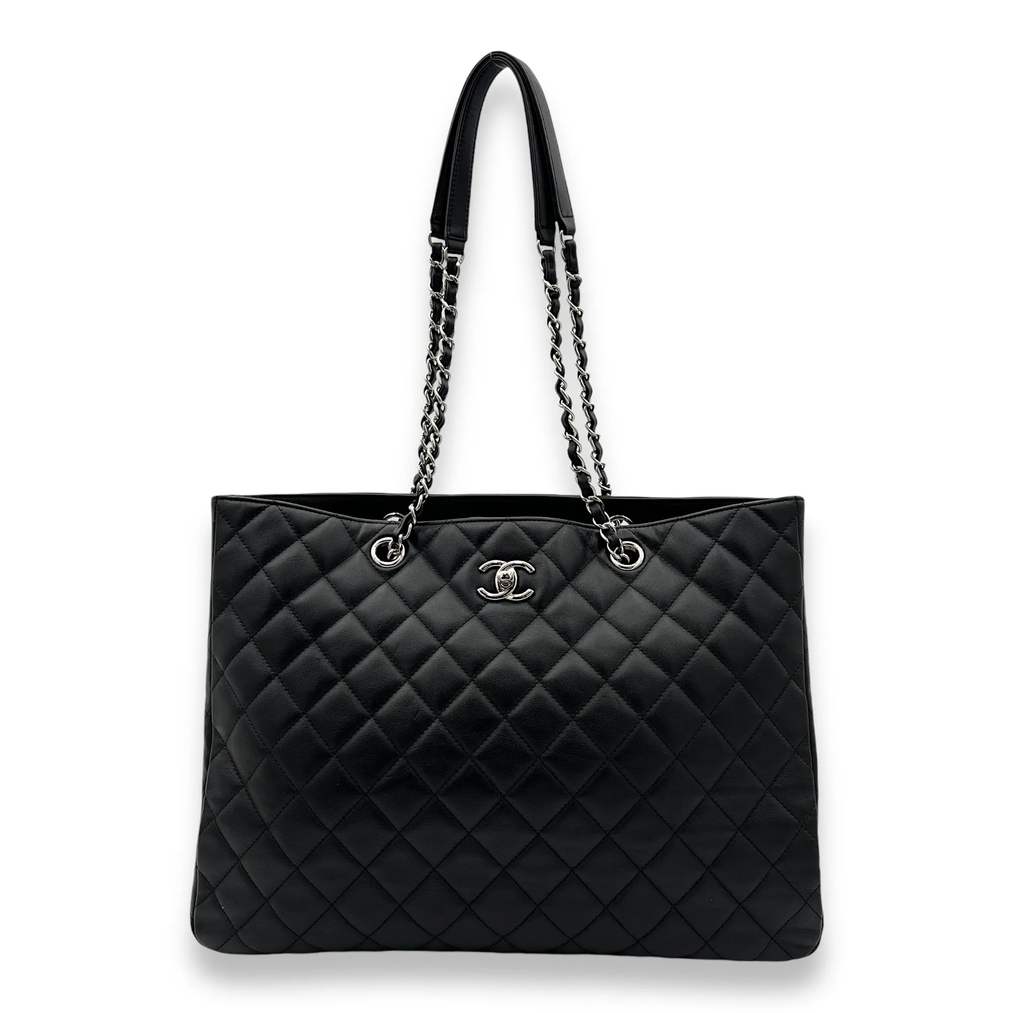 CC Tote Bag Black in Calfskin, Silver hardware