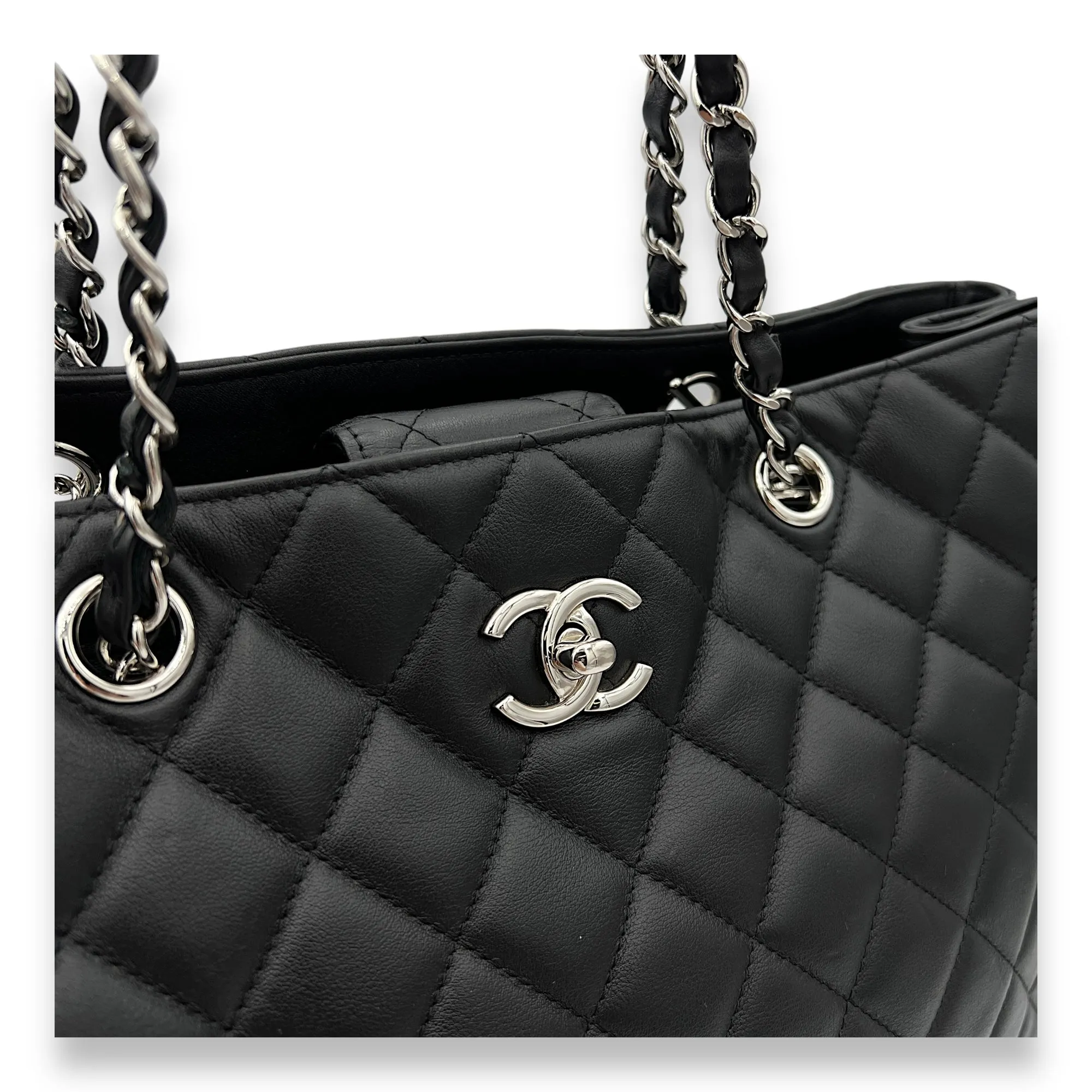 CC Tote Bag Black in Calfskin, Silver hardware