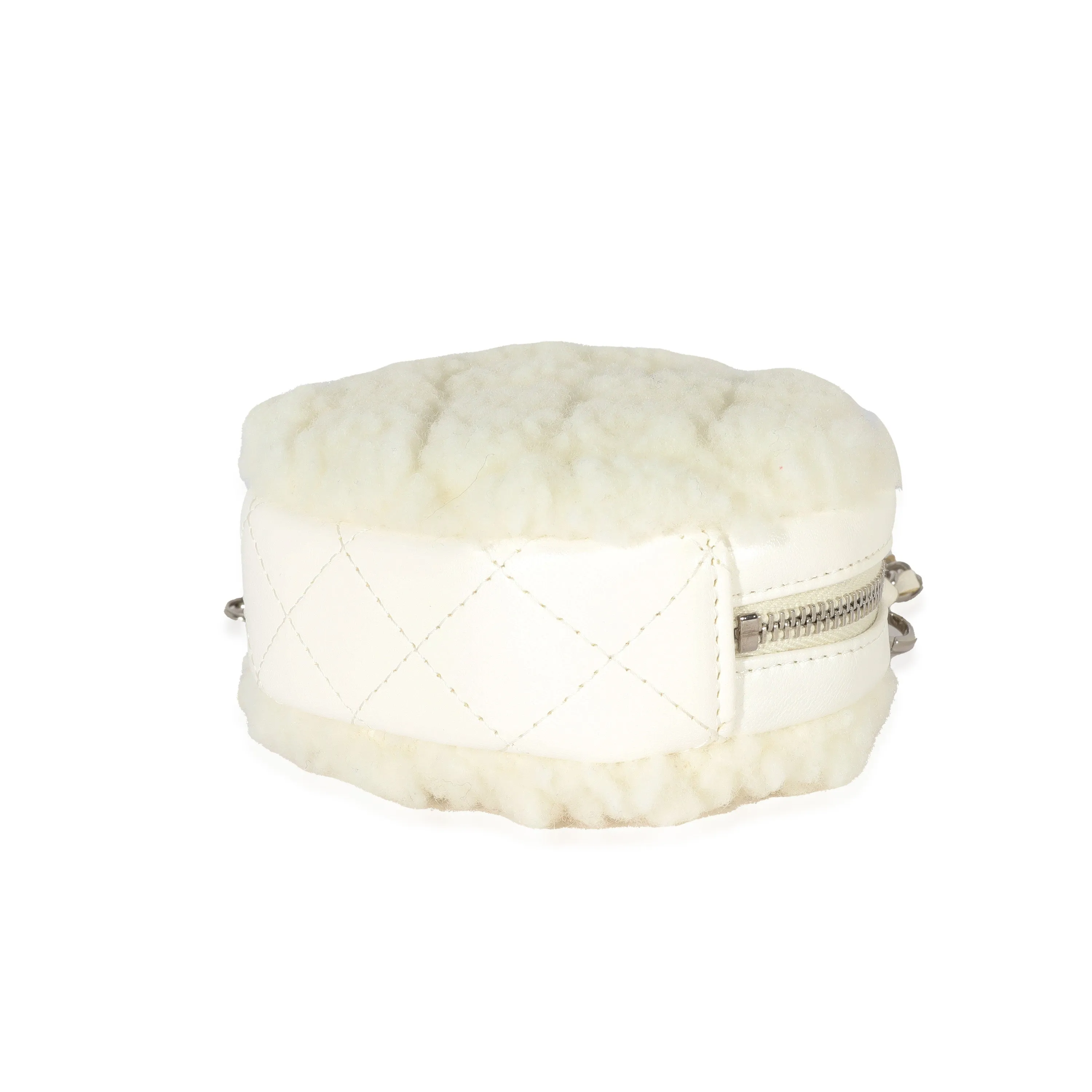 CHANEL 21N White Shearling Coco Neige Mini Circle Clutch On Chain