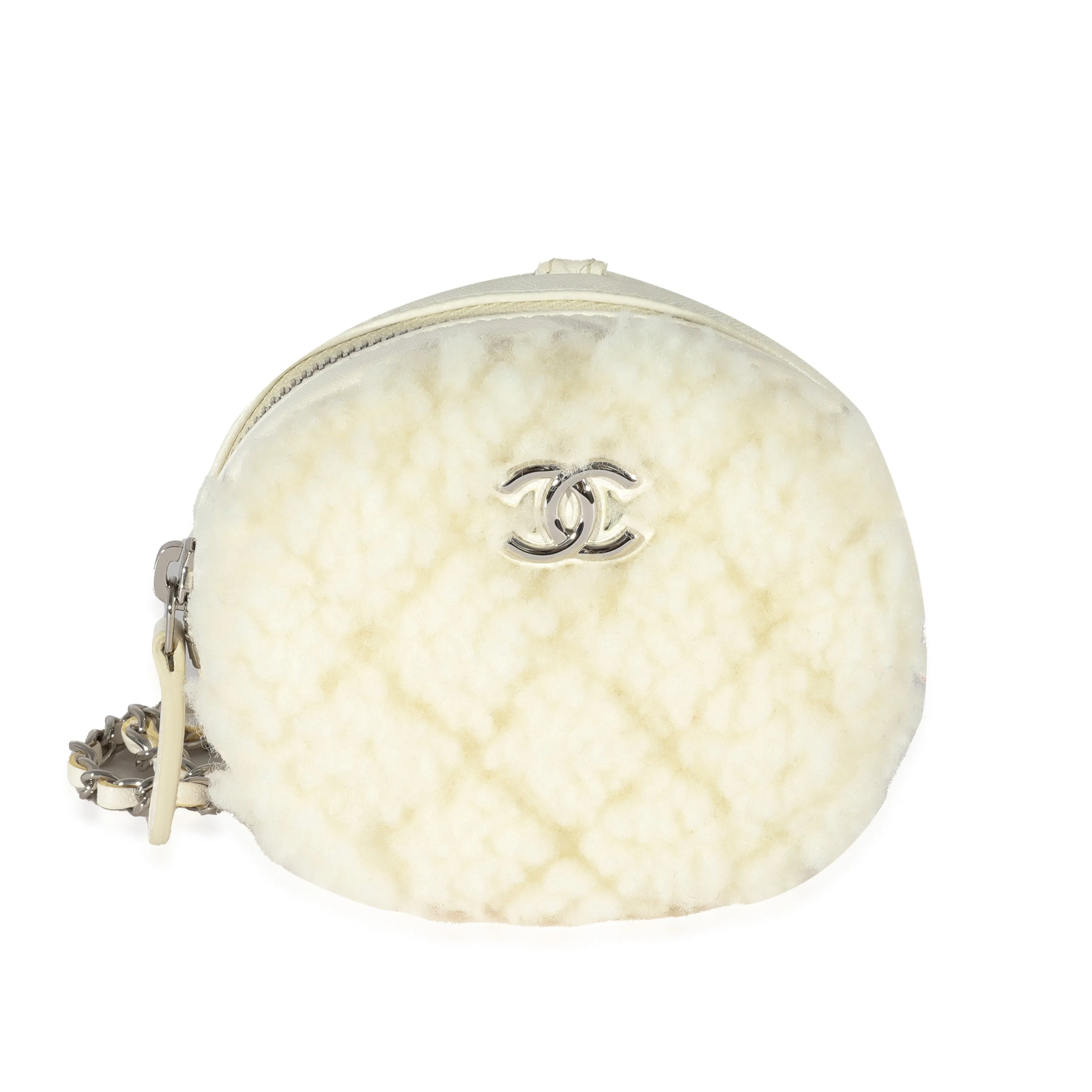 CHANEL 21N White Shearling Coco Neige Mini Circle Clutch On Chain