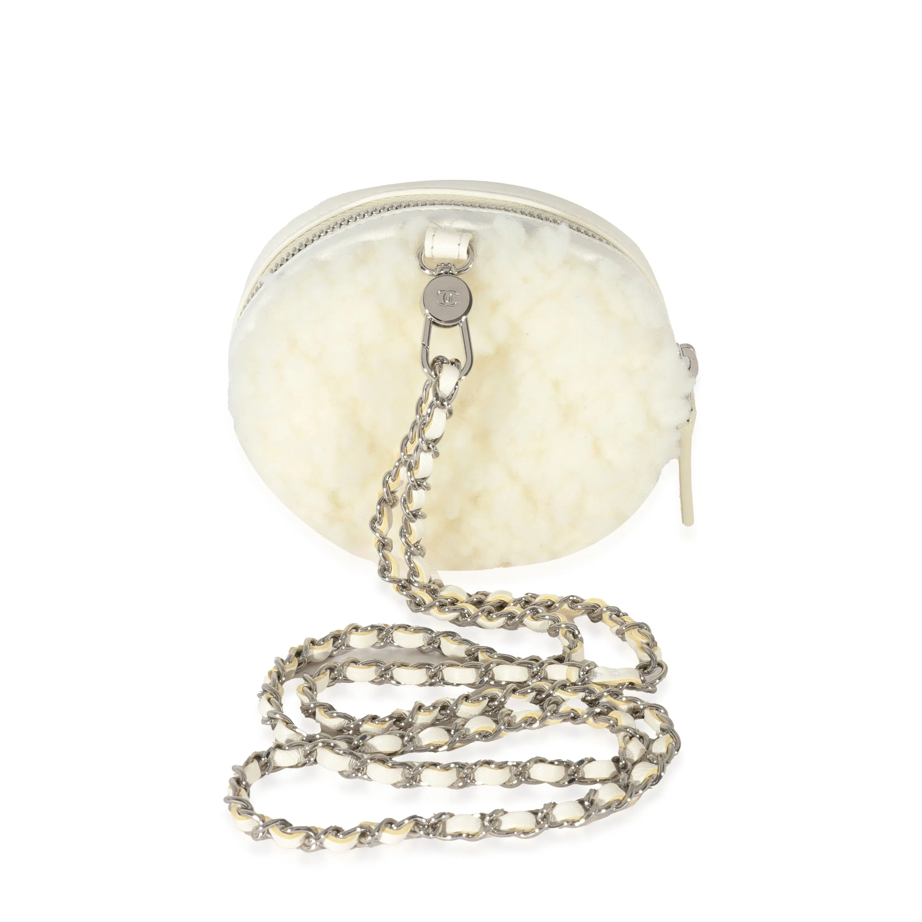 CHANEL 21N White Shearling Coco Neige Mini Circle Clutch On Chain