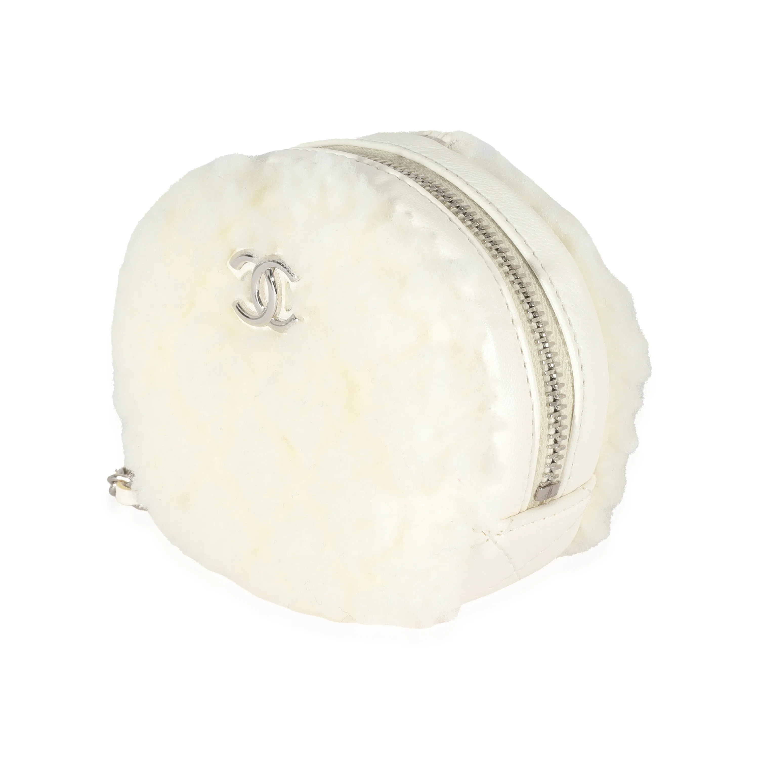 CHANEL 21N White Shearling Coco Neige Mini Circle Clutch On Chain