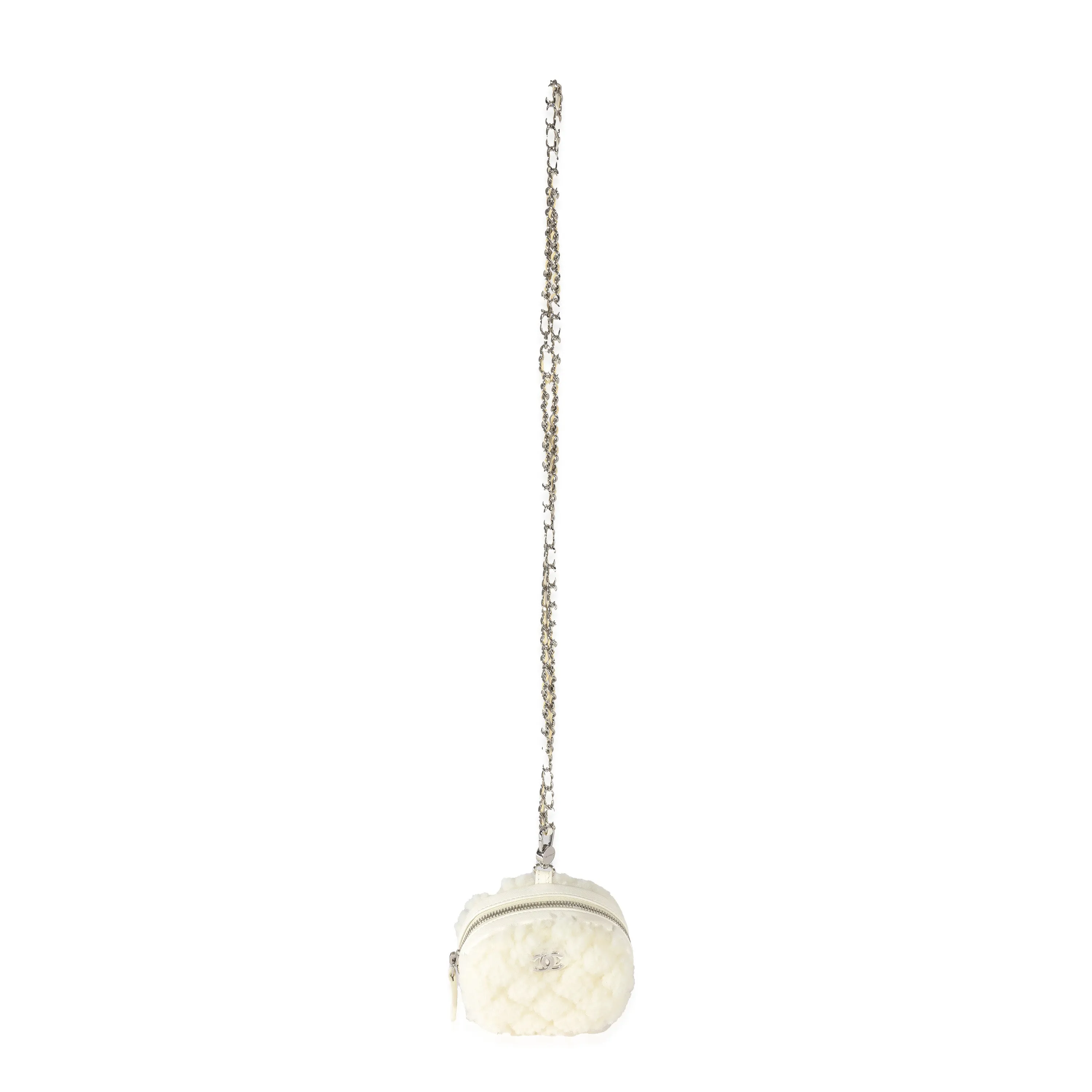 CHANEL 21N White Shearling Coco Neige Mini Circle Clutch On Chain