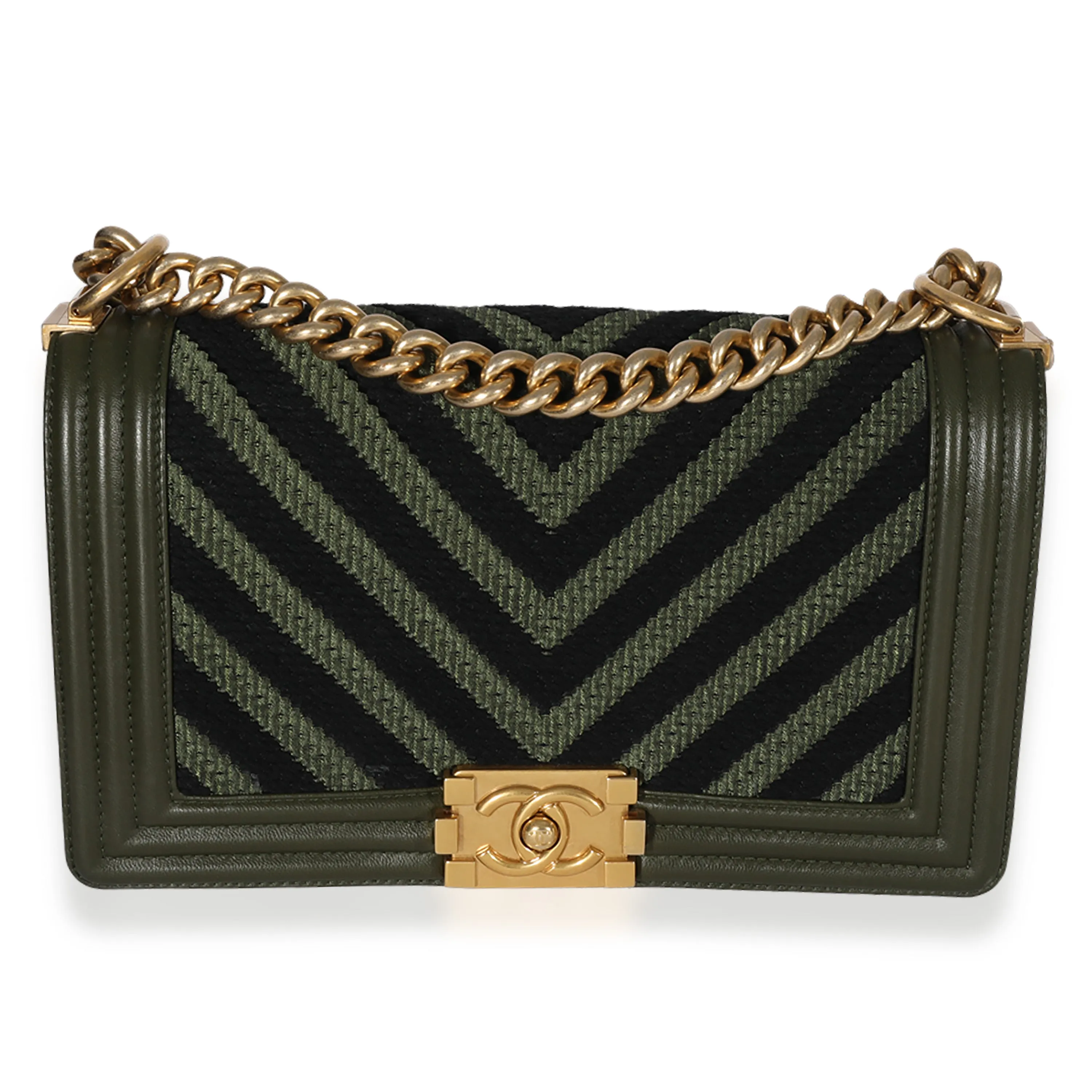 CHANEL Khaki and Black Lambskin Braided Chevron Medium Boy Bag