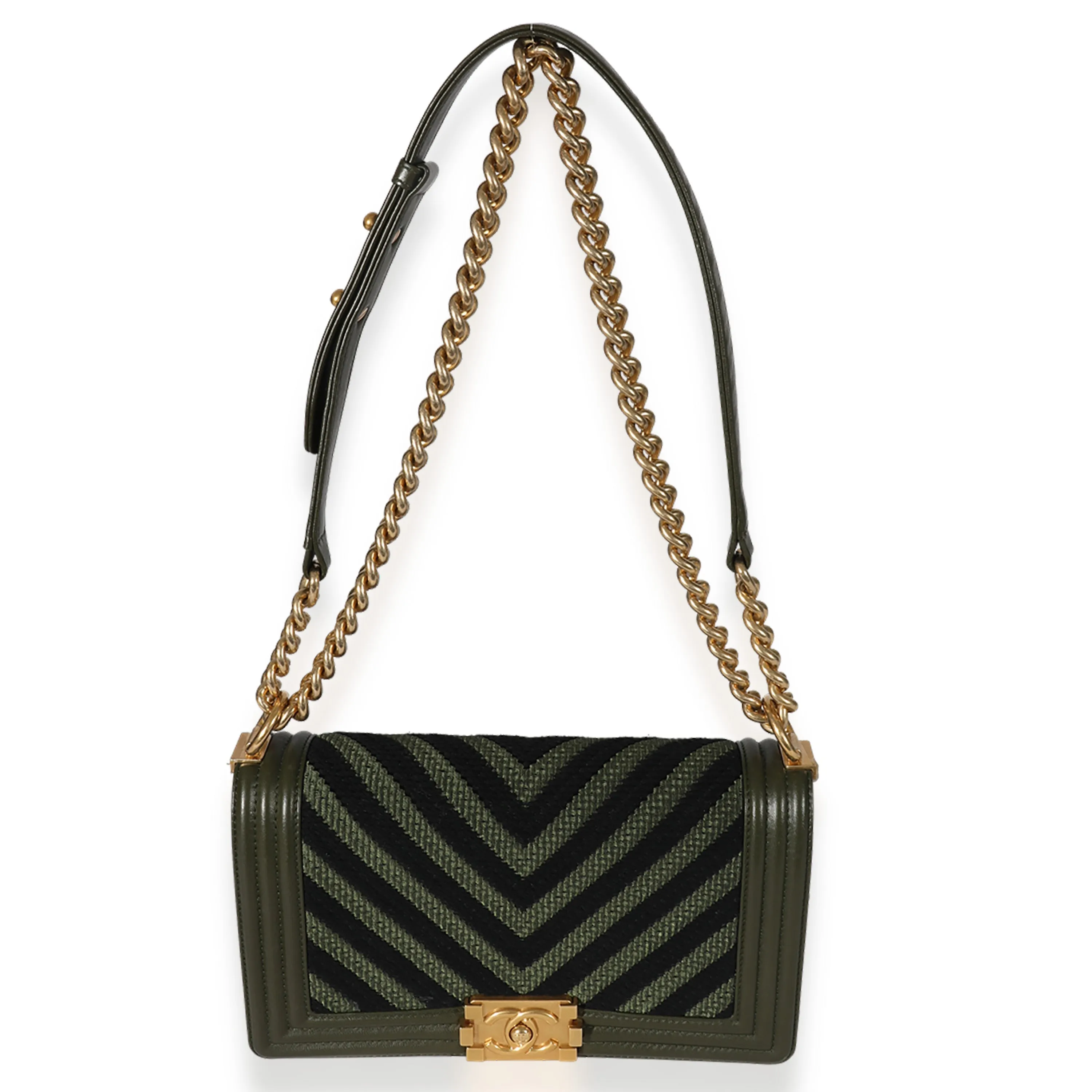 CHANEL Khaki and Black Lambskin Braided Chevron Medium Boy Bag