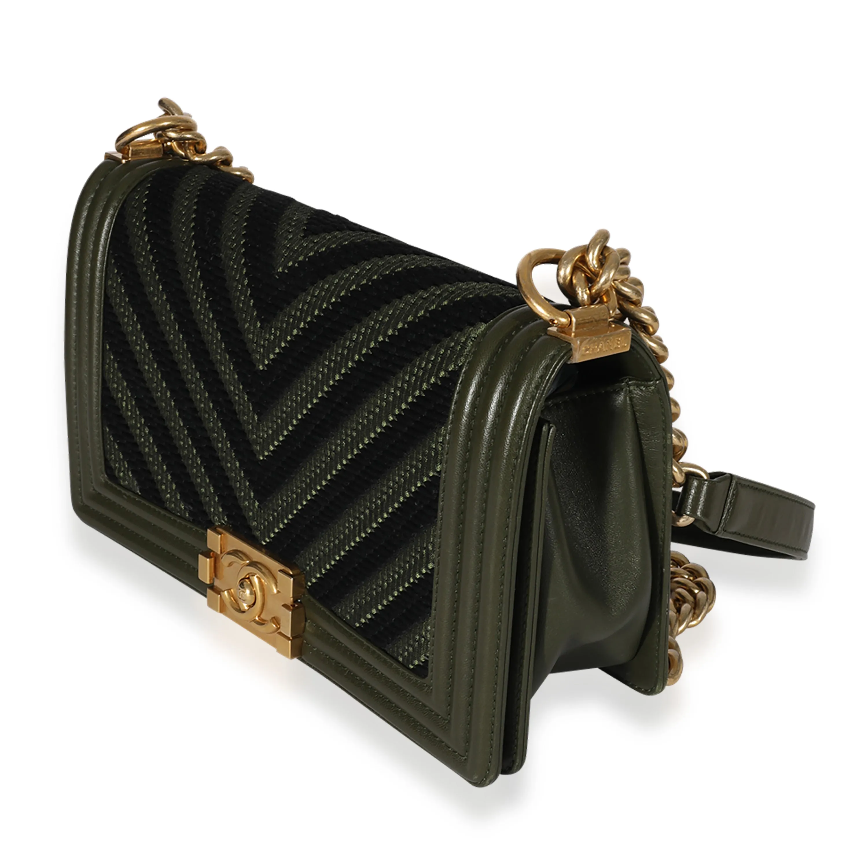 CHANEL Khaki and Black Lambskin Braided Chevron Medium Boy Bag