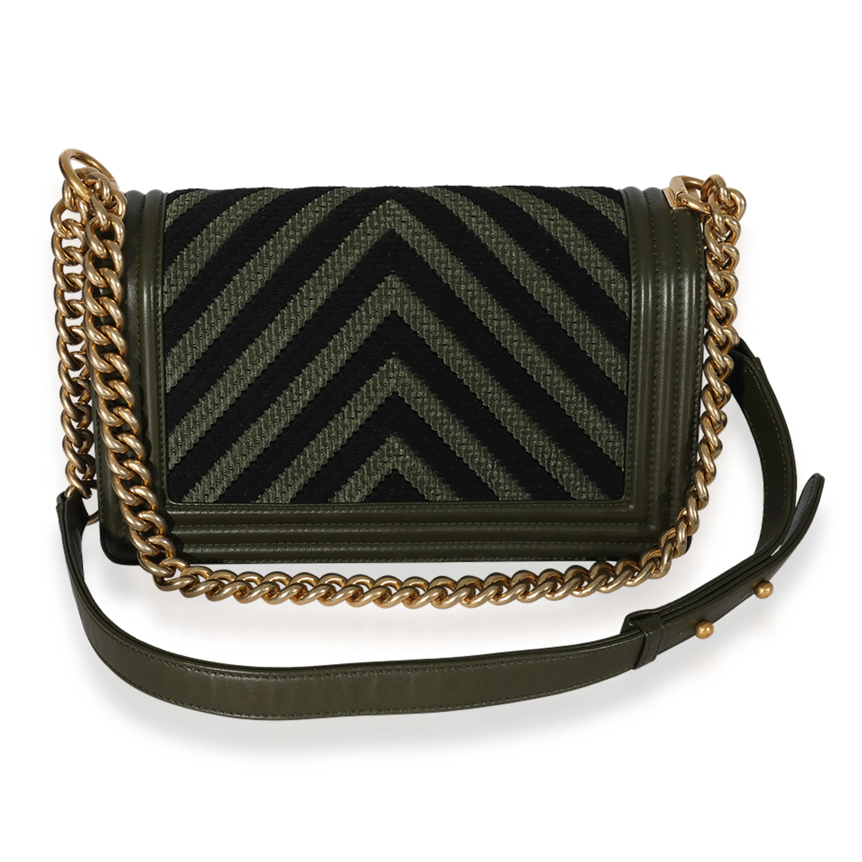 CHANEL Khaki and Black Lambskin Braided Chevron Medium Boy Bag