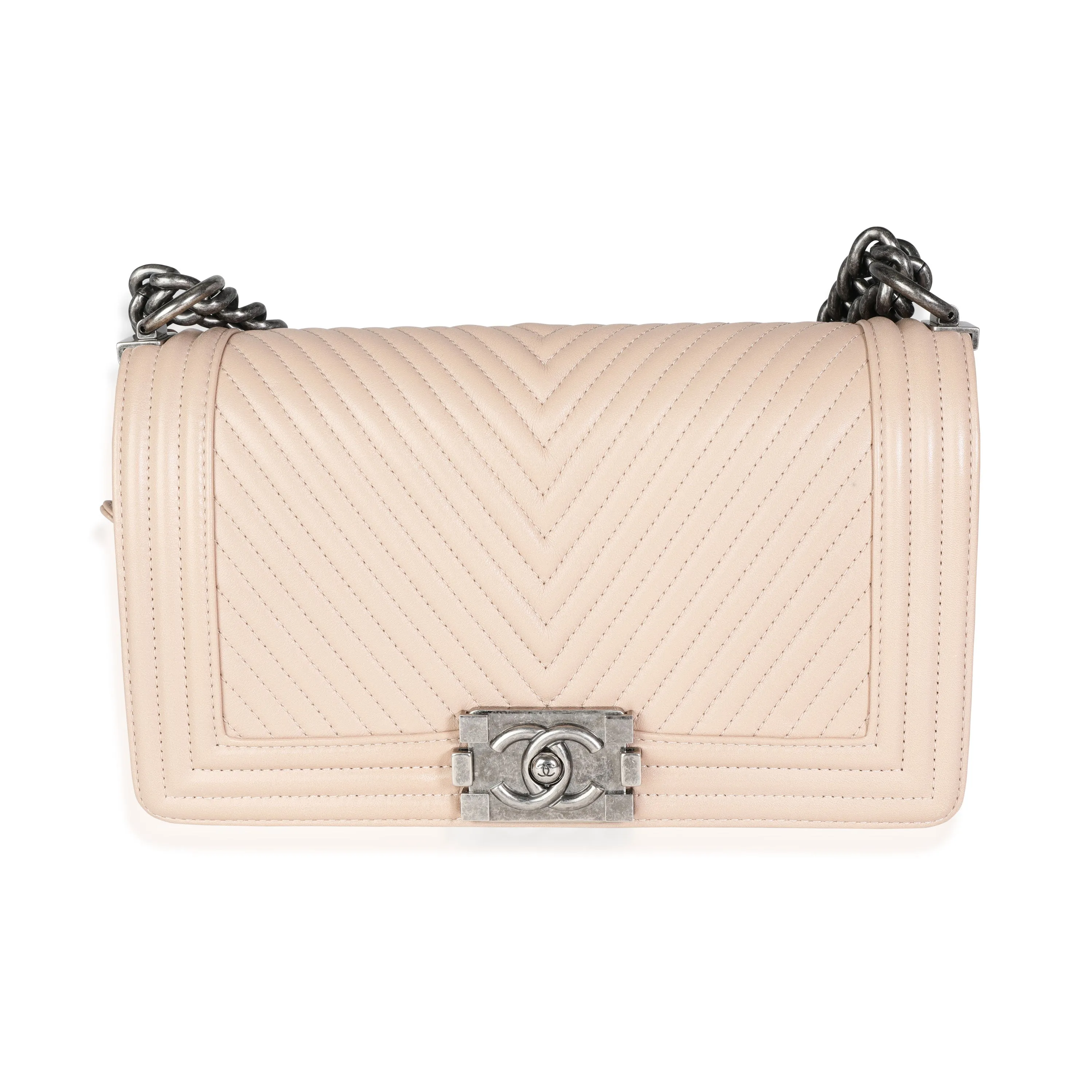 CHANEL Light Beige Chevron Quilted Lambskin Medium Boy Bag