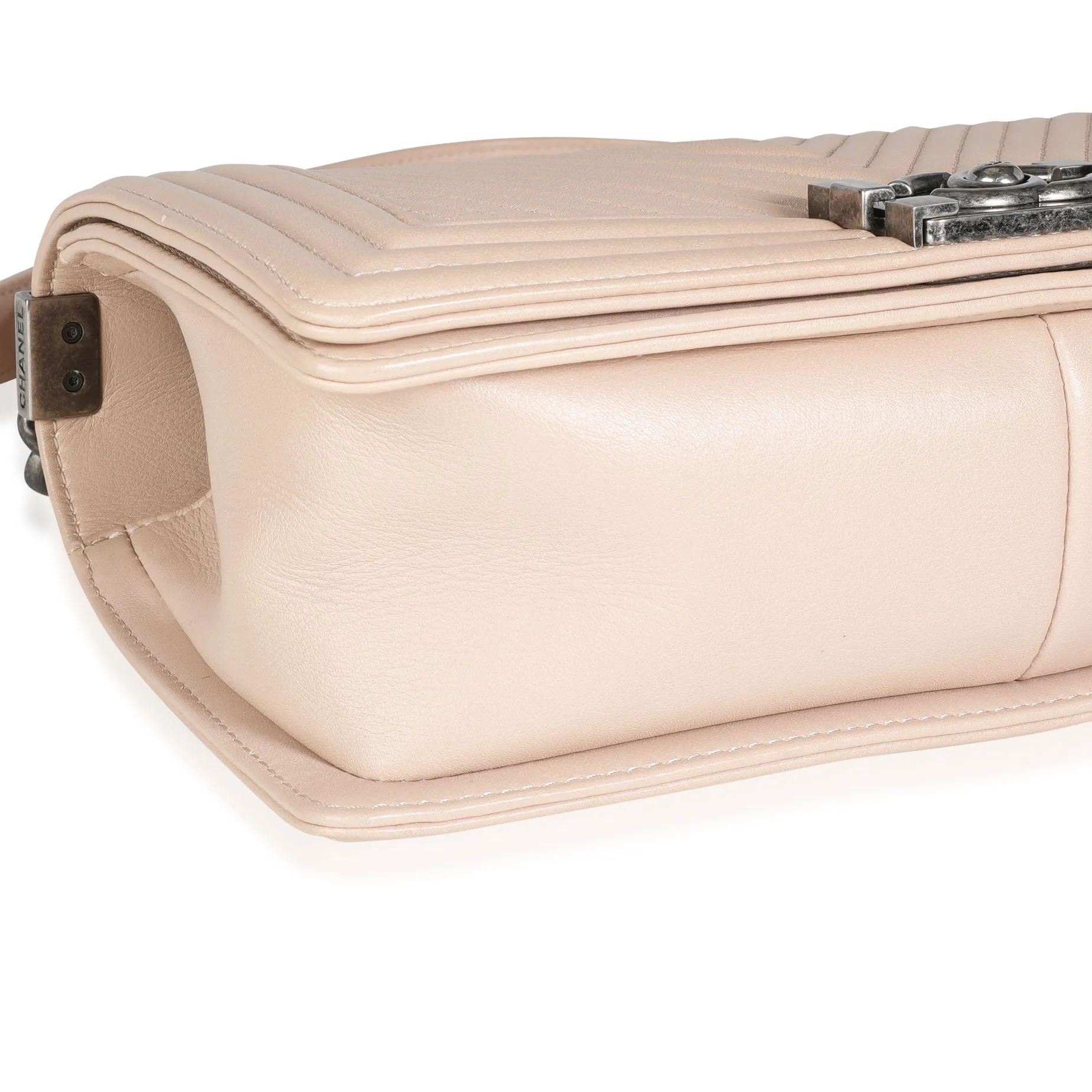CHANEL Light Beige Chevron Quilted Lambskin Medium Boy Bag