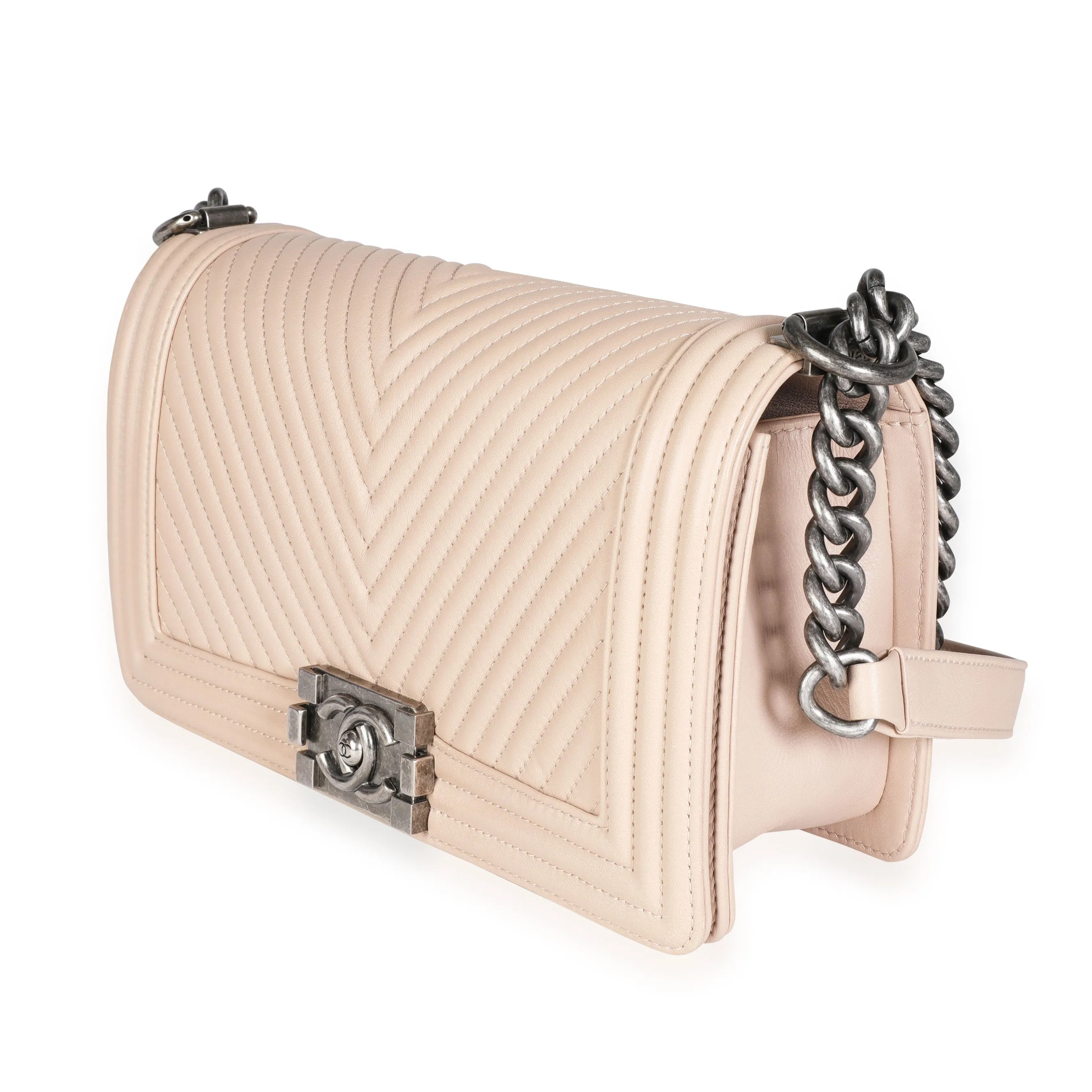 CHANEL Light Beige Chevron Quilted Lambskin Medium Boy Bag