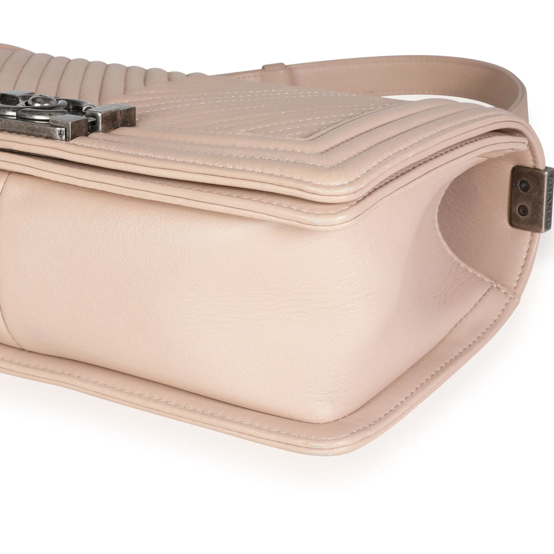 CHANEL Light Beige Chevron Quilted Lambskin Medium Boy Bag