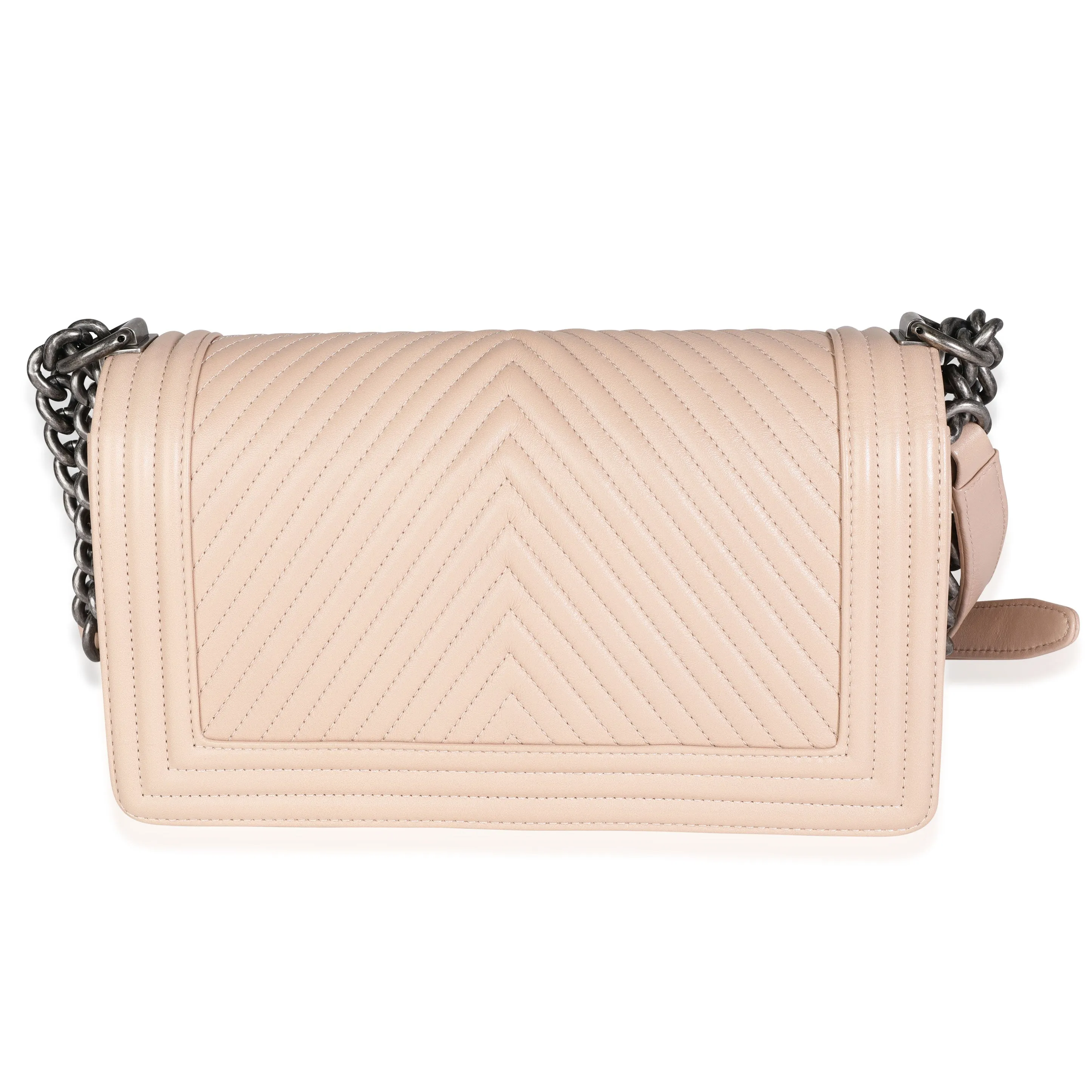 CHANEL Light Beige Chevron Quilted Lambskin Medium Boy Bag