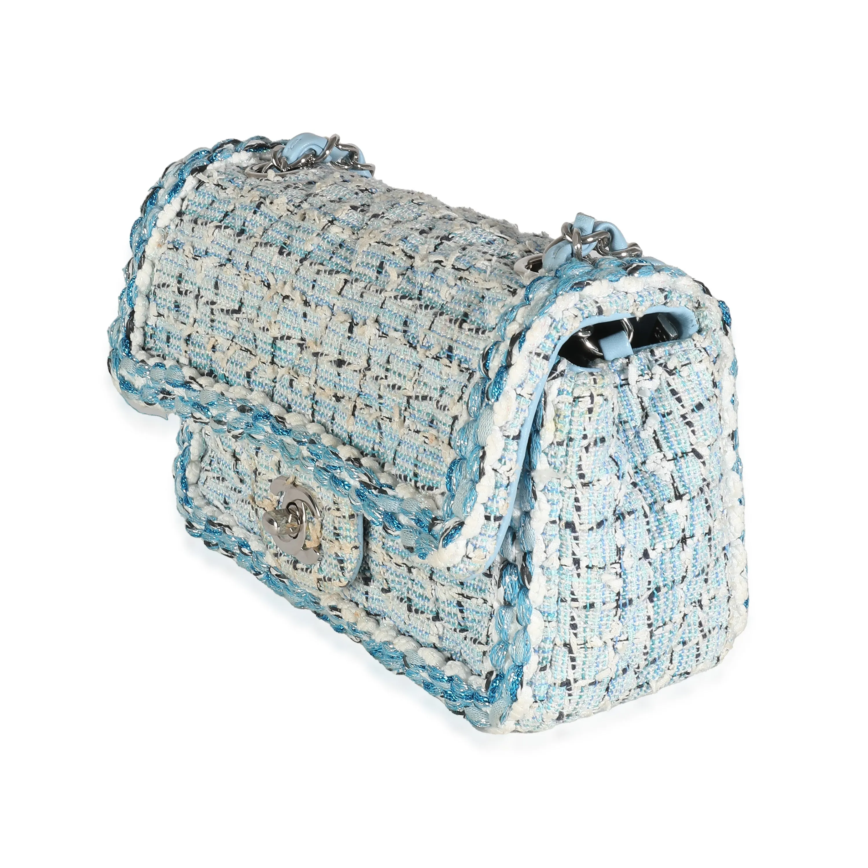 CHANEL Metallic Blue White Tweed Mini Rectangular Flap Bag