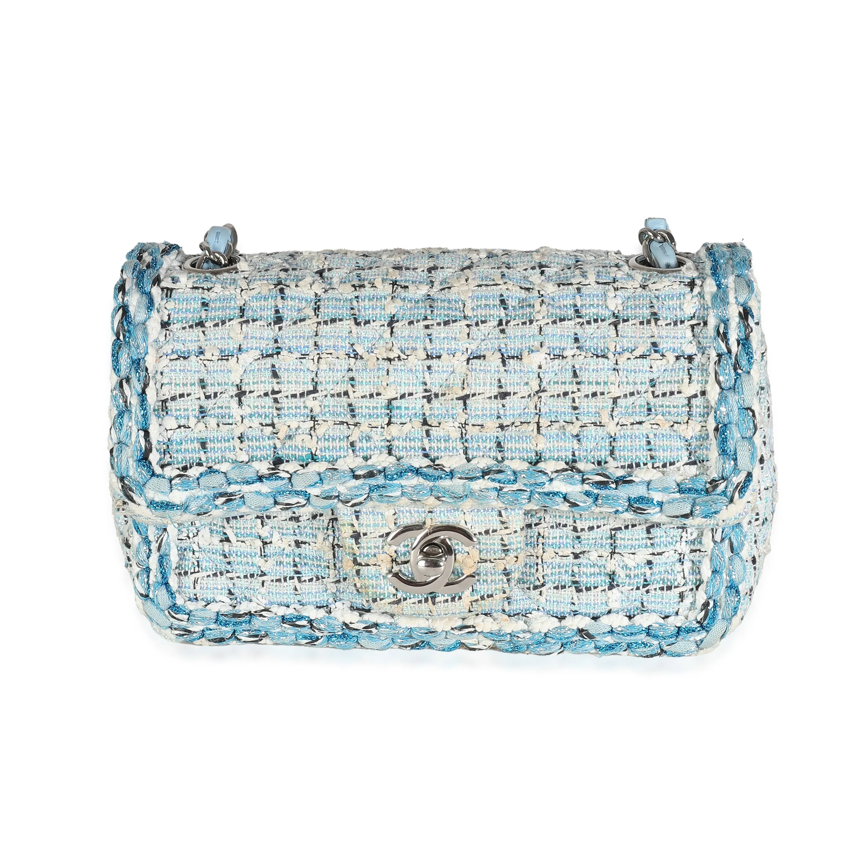 CHANEL Metallic Blue White Tweed Mini Rectangular Flap Bag