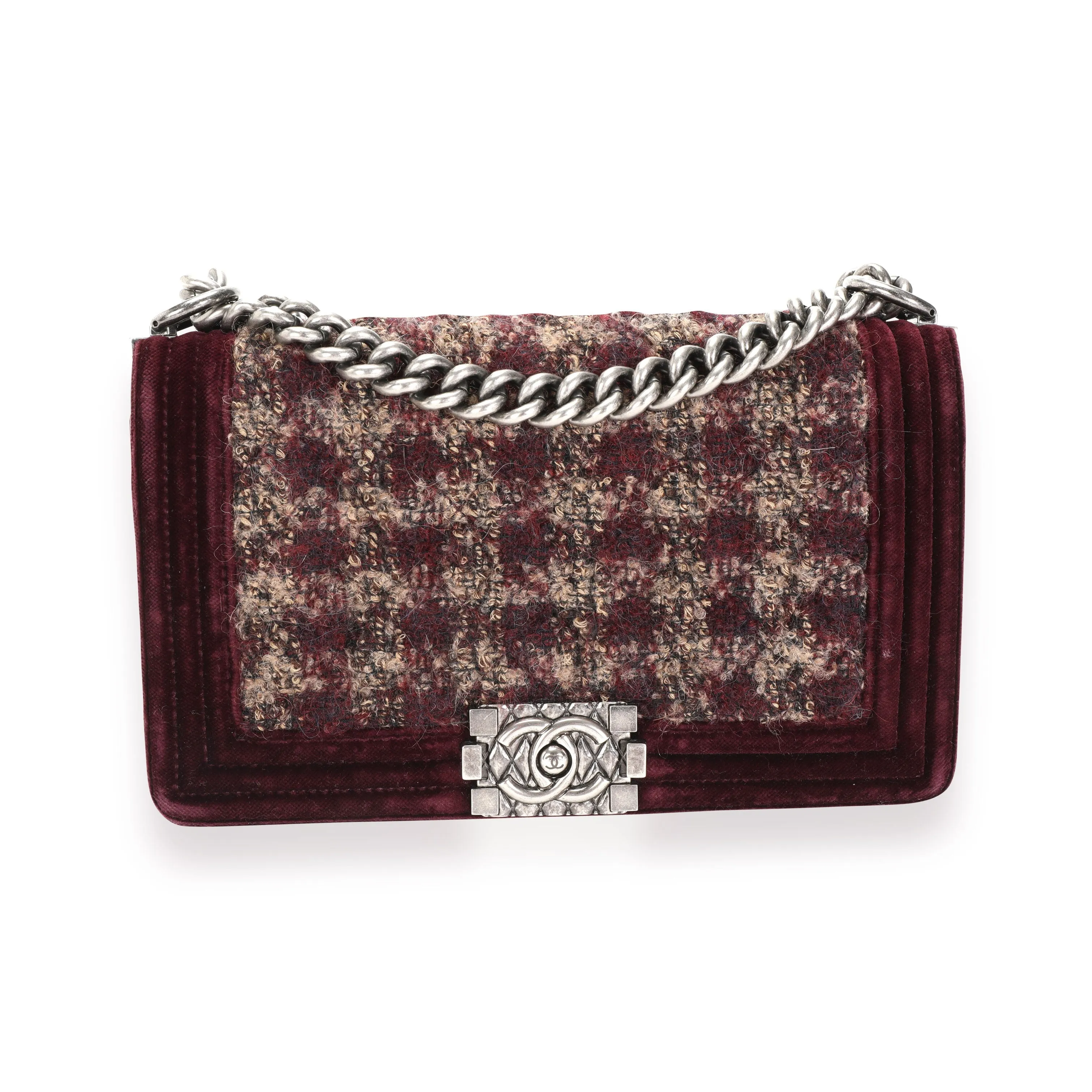 CHANEL Paris-edimbourg Burgundy Quilted Velvet & Tweed Old Medium Boy Bag