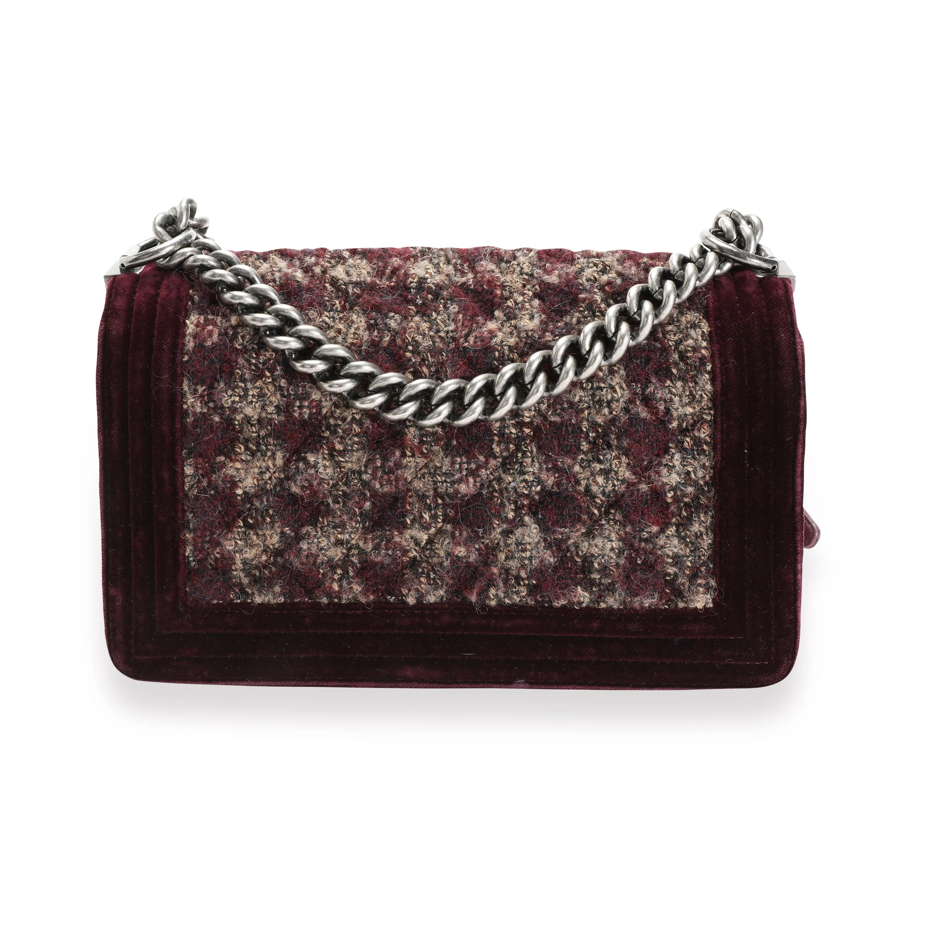CHANEL Paris-edimbourg Burgundy Quilted Velvet & Tweed Old Medium Boy Bag