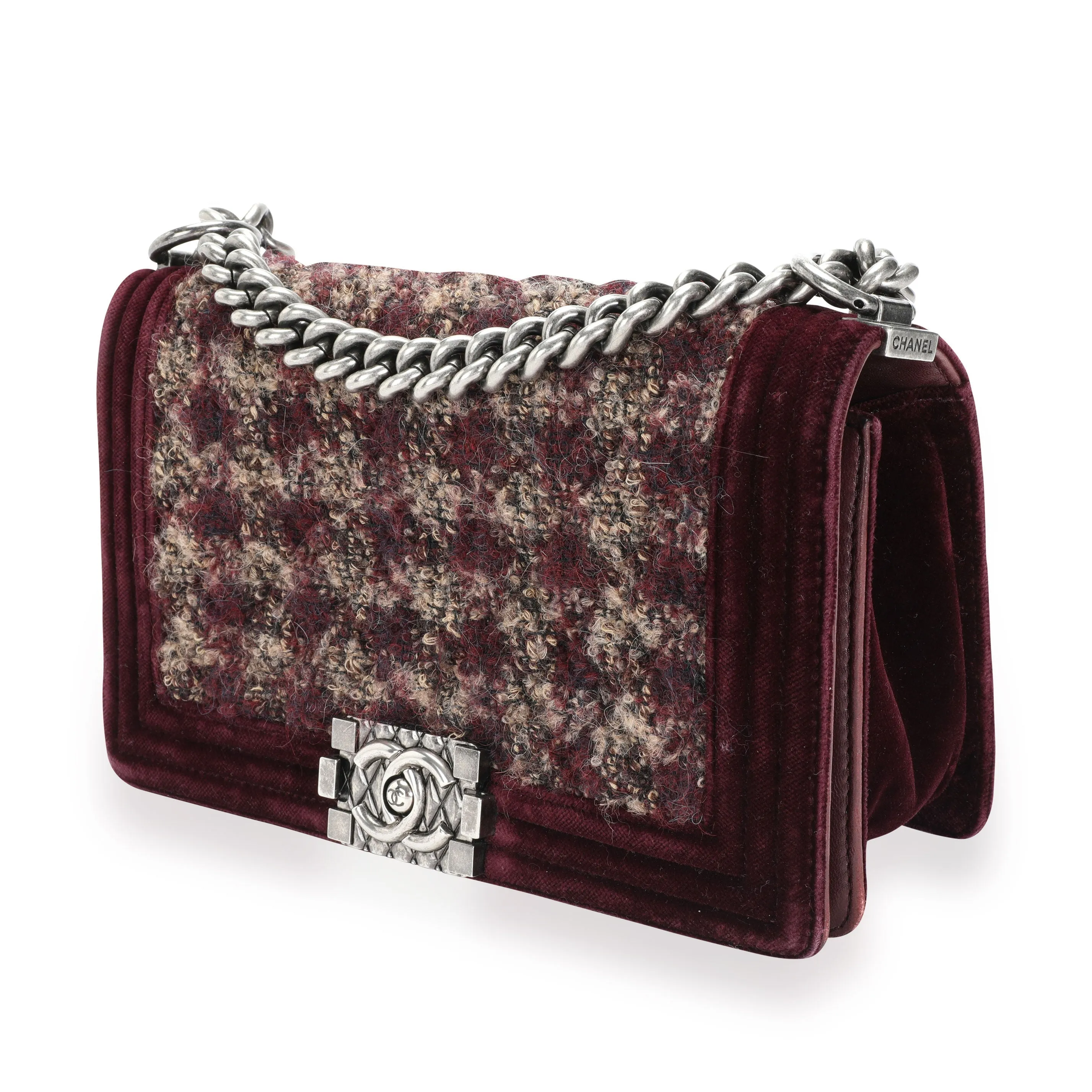 CHANEL Paris-edimbourg Burgundy Quilted Velvet & Tweed Old Medium Boy Bag