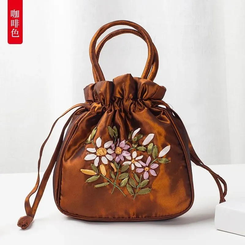 Christmas Gift 2024 New Ethnic Style Retro Embroidery Bucket Drawstring Mobile Phone Bag Storage Craft Handmade Handbags Multifunction Bolsa