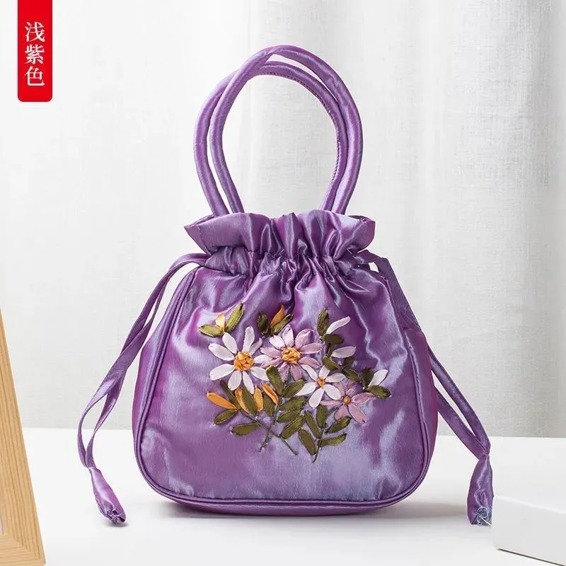 Christmas Gift 2024 New Ethnic Style Retro Embroidery Bucket Drawstring Mobile Phone Bag Storage Craft Handmade Handbags Multifunction Bolsa