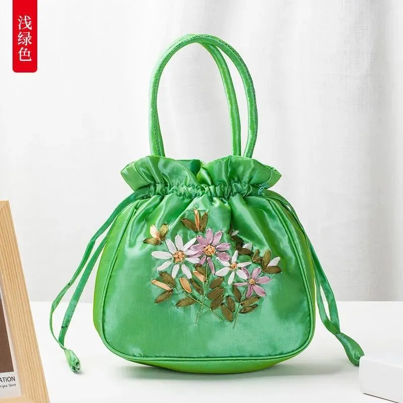 Christmas Gift 2024 New Ethnic Style Retro Embroidery Bucket Drawstring Mobile Phone Bag Storage Craft Handmade Handbags Multifunction Bolsa