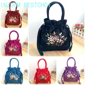 Christmas Gift 2024 New Ethnic Style Retro Embroidery Bucket Drawstring Mobile Phone Bag Storage Craft Handmade Handbags Multifunction Bolsa