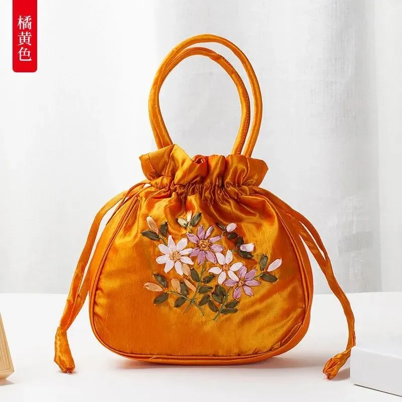 Christmas Gift 2024 New Ethnic Style Retro Embroidery Bucket Drawstring Mobile Phone Bag Storage Craft Handmade Handbags Multifunction Bolsa