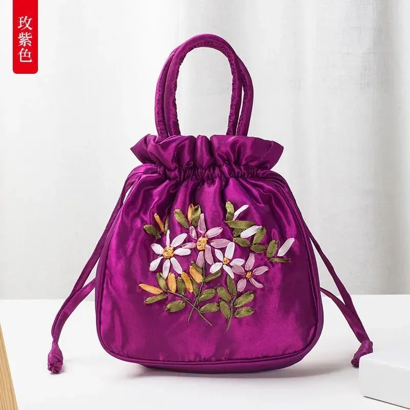 Christmas Gift 2024 New Ethnic Style Retro Embroidery Bucket Drawstring Mobile Phone Bag Storage Craft Handmade Handbags Multifunction Bolsa