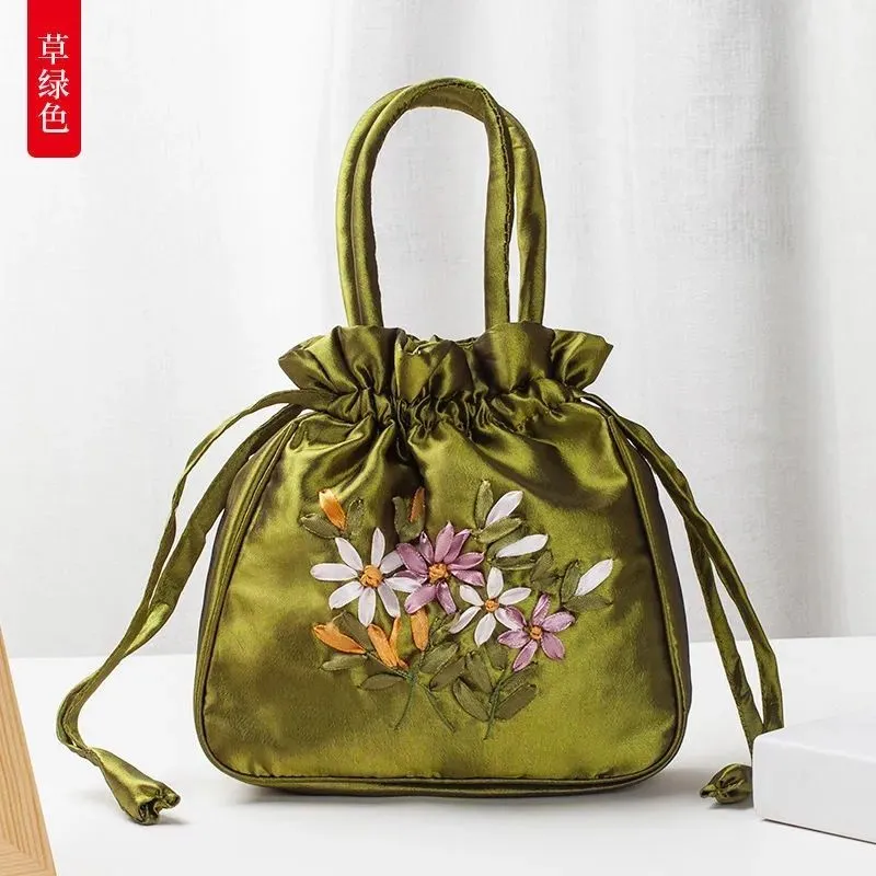 Christmas Gift 2024 New Ethnic Style Retro Embroidery Bucket Drawstring Mobile Phone Bag Storage Craft Handmade Handbags Multifunction Bolsa