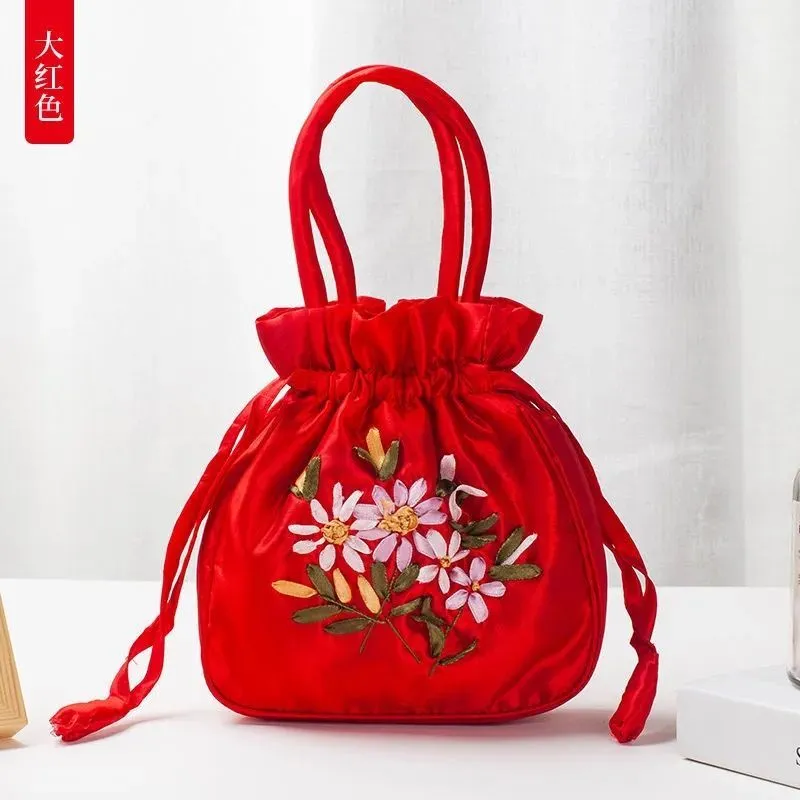 Christmas Gift 2024 New Ethnic Style Retro Embroidery Bucket Drawstring Mobile Phone Bag Storage Craft Handmade Handbags Multifunction Bolsa