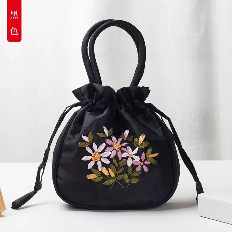 Christmas Gift 2024 New Ethnic Style Retro Embroidery Bucket Drawstring Mobile Phone Bag Storage Craft Handmade Handbags Multifunction Bolsa