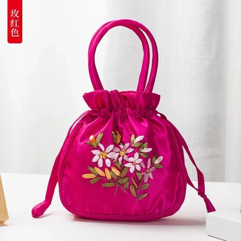 Christmas Gift 2024 New Ethnic Style Retro Embroidery Bucket Drawstring Mobile Phone Bag Storage Craft Handmade Handbags Multifunction Bolsa