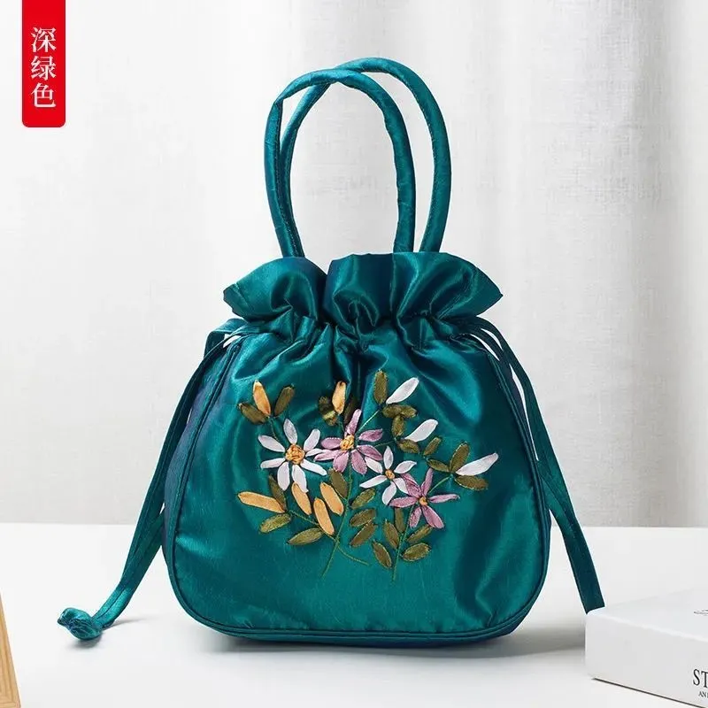 Christmas Gift 2024 New Ethnic Style Retro Embroidery Bucket Drawstring Mobile Phone Bag Storage Craft Handmade Handbags Multifunction Bolsa