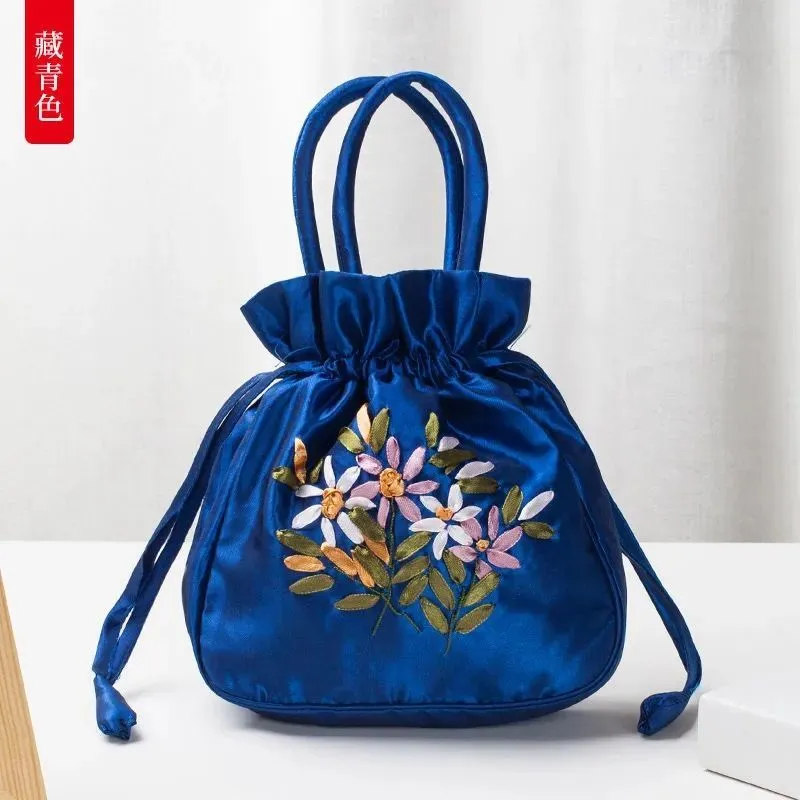 Christmas Gift 2024 New Ethnic Style Retro Embroidery Bucket Drawstring Mobile Phone Bag Storage Craft Handmade Handbags Multifunction Bolsa