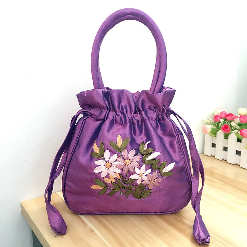 Christmas Gift 2024 New Ethnic Style Retro Embroidery Bucket Drawstring Mobile Phone Bag Storage Craft Handmade Handbags Multifunction Bolsa