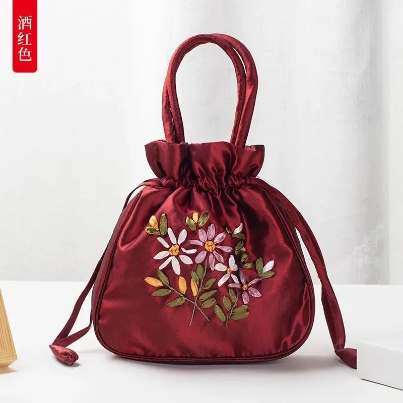 Christmas Gift 2024 New Ethnic Style Retro Embroidery Bucket Drawstring Mobile Phone Bag Storage Craft Handmade Handbags Multifunction Bolsa