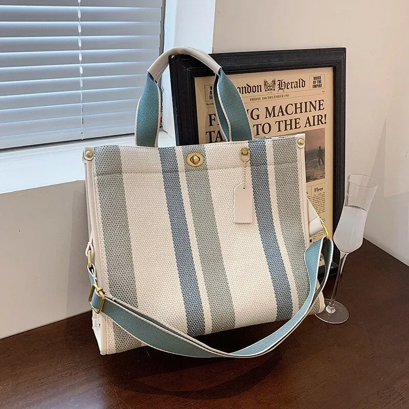 Christmas Gift Fashion Striped Canvas Women Shoulder Bag Big Capacity Shopper Bags For Women Casual Wide Strap Handbag Women's Bag Commute Tote