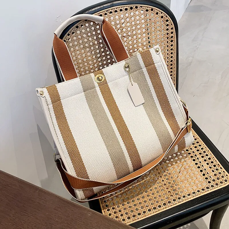 Christmas Gift Fashion Striped Canvas Women Shoulder Bag Big Capacity Shopper Bags For Women Casual Wide Strap Handbag Women's Bag Commute Tote