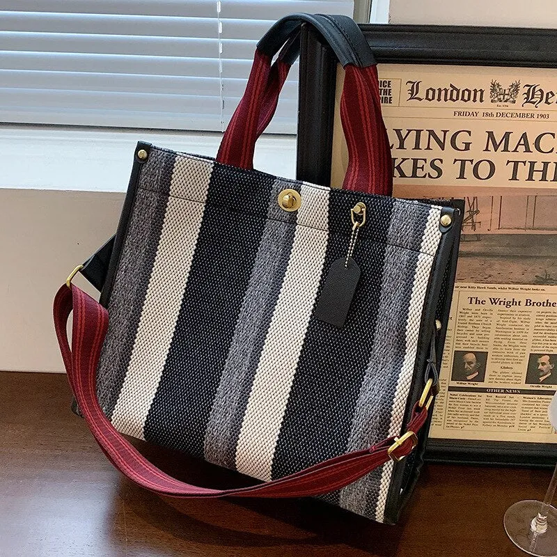 Christmas Gift Fashion Striped Canvas Women Shoulder Bag Big Capacity Shopper Bags For Women Casual Wide Strap Handbag Women's Bag Commute Tote