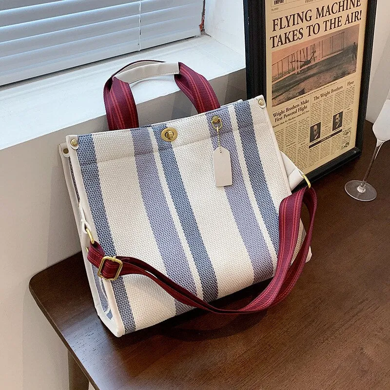 Christmas Gift Fashion Striped Canvas Women Shoulder Bag Big Capacity Shopper Bags For Women Casual Wide Strap Handbag Women's Bag Commute Tote