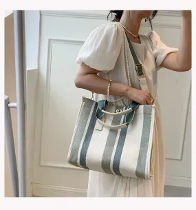 Christmas Gift Fashion Striped Canvas Women Shoulder Bag Big Capacity Shopper Bags For Women Casual Wide Strap Handbag Women's Bag Commute Tote