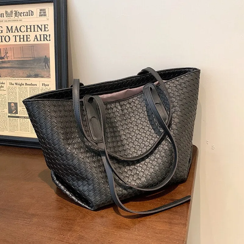 Classical Weave Designer PU Leather High Capacity Handbag for Women 2021 Brand Lady Travel Shopper Tote Shoulder Shopping Bag