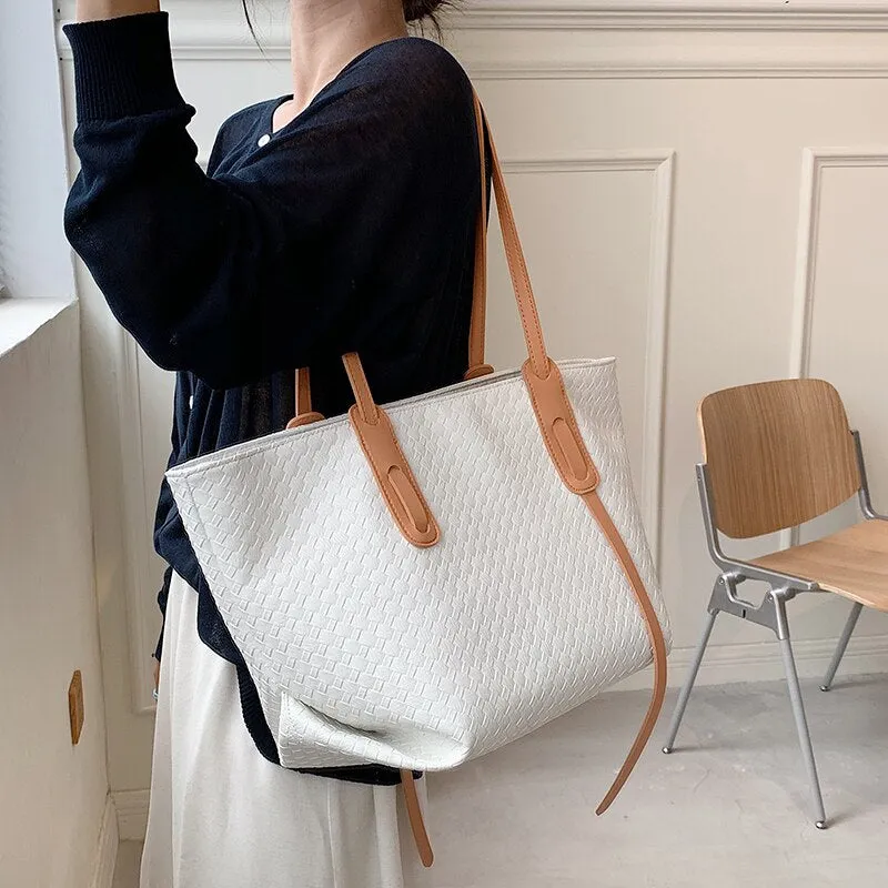 Classical Weave Designer PU Leather High Capacity Handbag for Women 2021 Brand Lady Travel Shopper Tote Shoulder Shopping Bag
