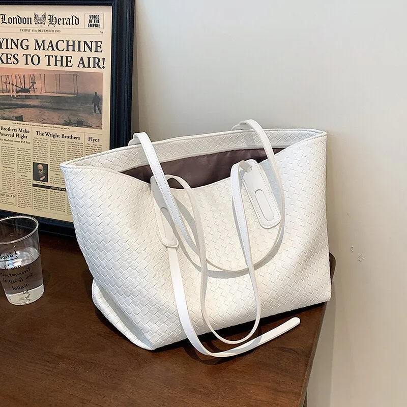Classical Weave Designer PU Leather High Capacity Handbag for Women 2021 Brand Lady Travel Shopper Tote Shoulder Shopping Bag