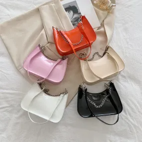 Fashion Women Chain Shoulder Bags Casual All-match Underarm Hobos Bag Ladies Pure Color Patent PU Leather Small Handbags Purse