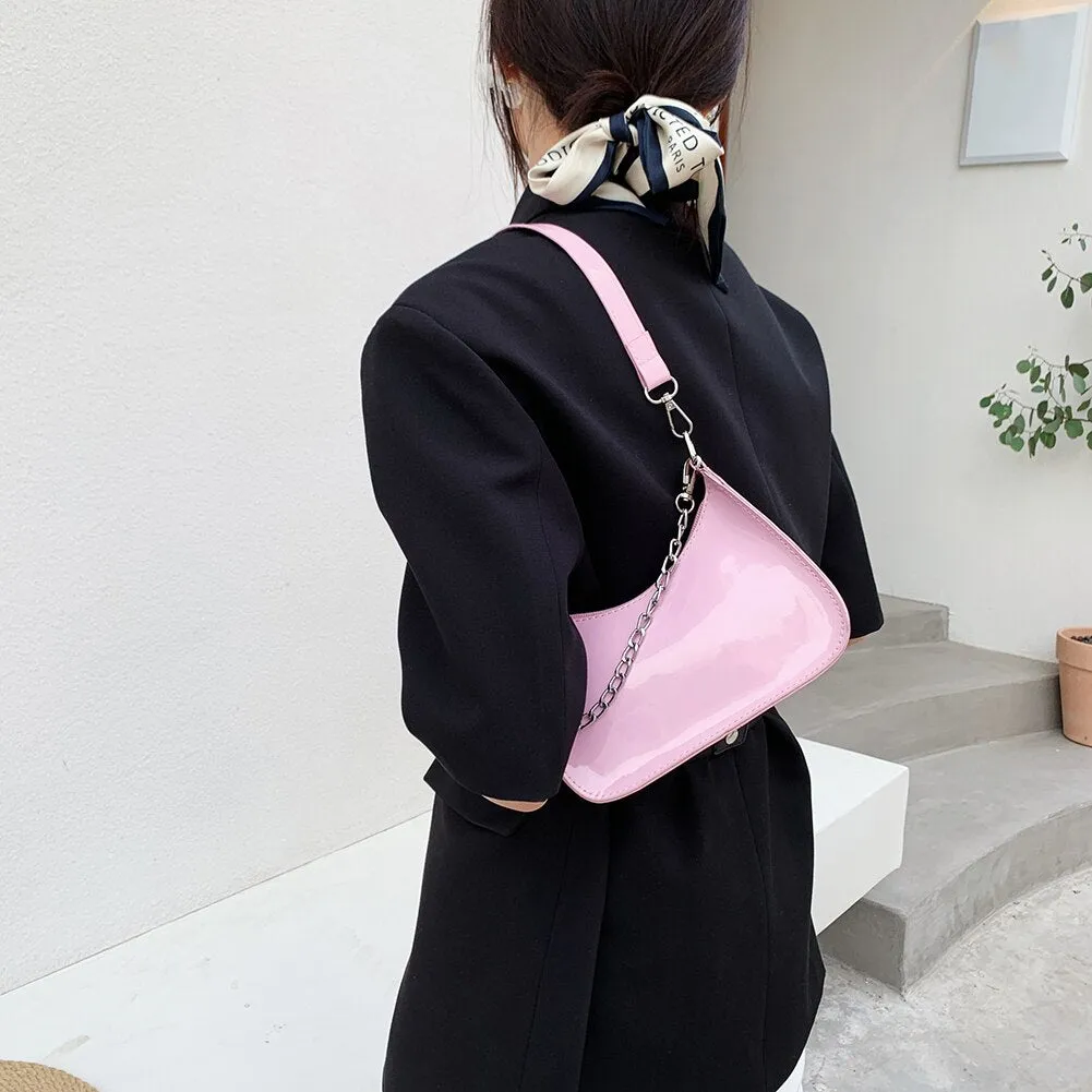 Fashion Women Chain Shoulder Bags Casual All-match Underarm Hobos Bag Ladies Pure Color Patent PU Leather Small Handbags Purse