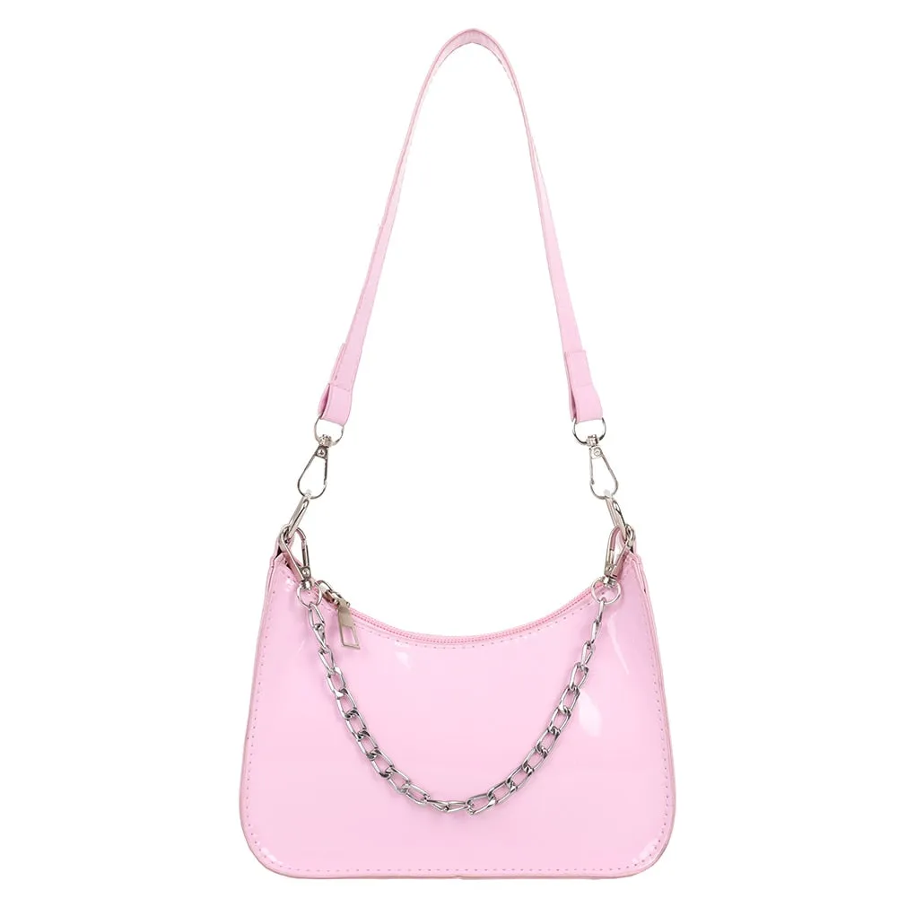 Fashion Women Chain Shoulder Bags Casual All-match Underarm Hobos Bag Ladies Pure Color Patent PU Leather Small Handbags Purse