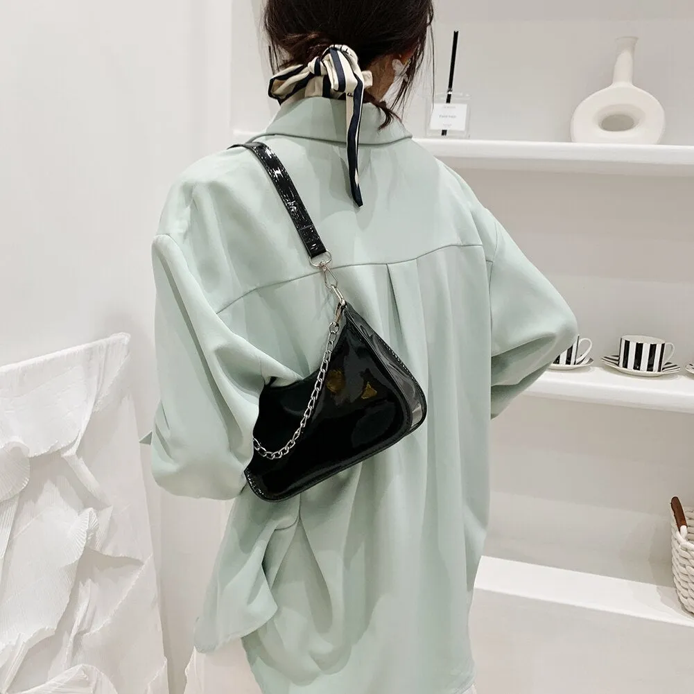 Fashion Women Chain Shoulder Bags Casual All-match Underarm Hobos Bag Ladies Pure Color Patent PU Leather Small Handbags Purse